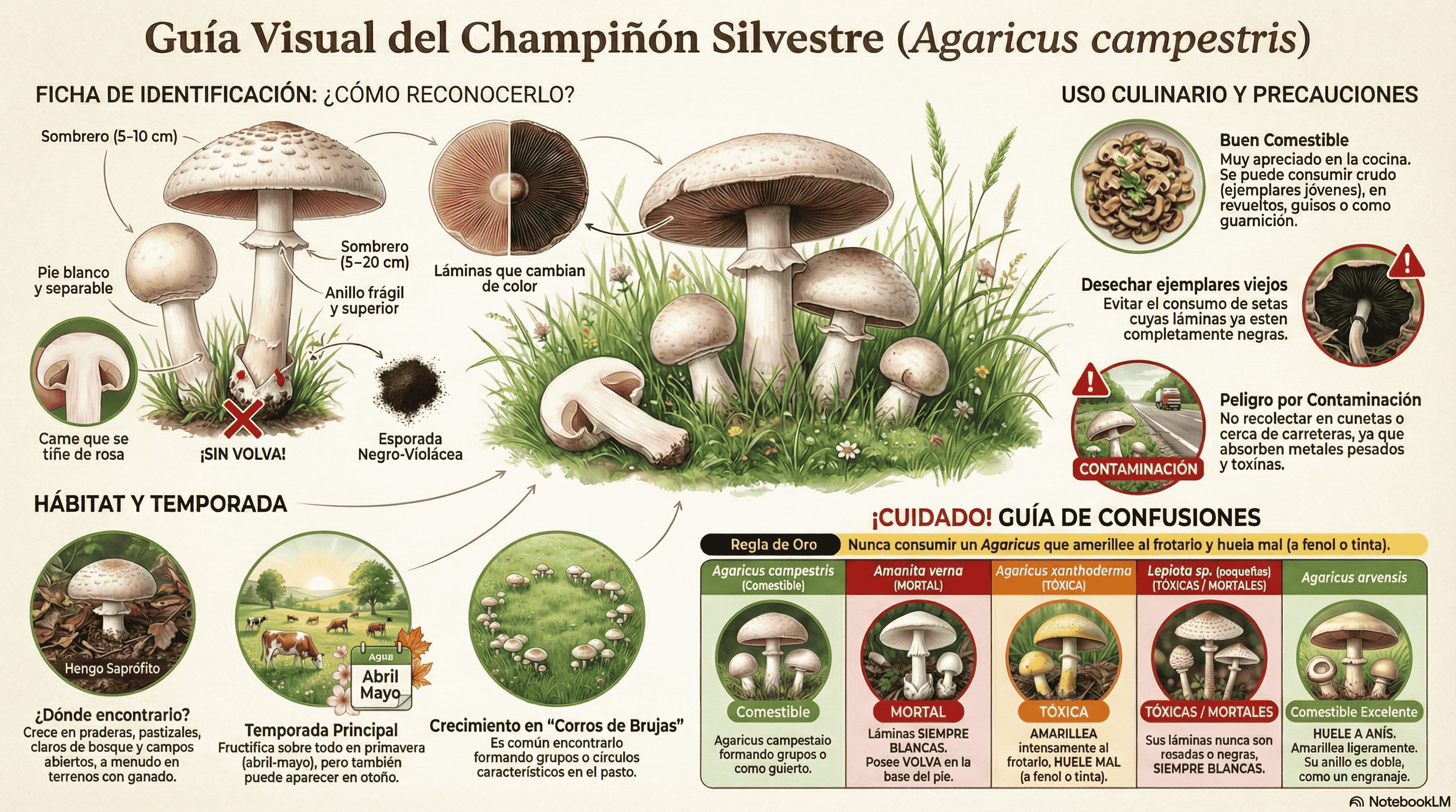 Agaricus campestris. Guía visual.